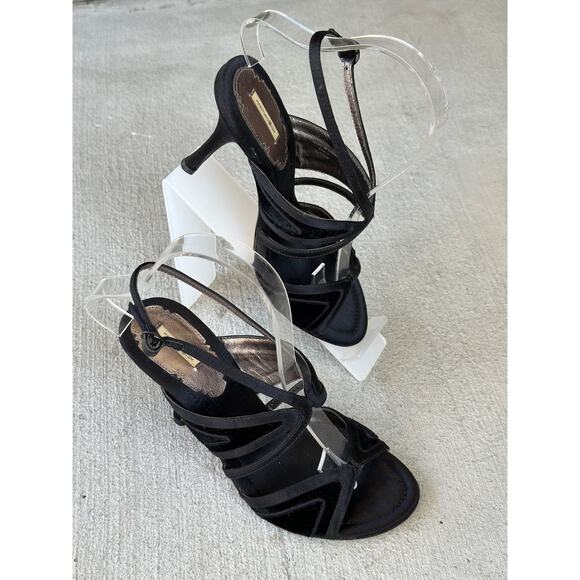 Max Studio Slip On Black Fabric Leather Ankle Strappy Sandal Heel Shoe Size 6M - Picture 1 of 9